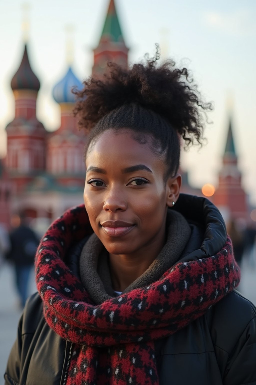 woman as digital nomad in Moscow with the Kremlin in the background