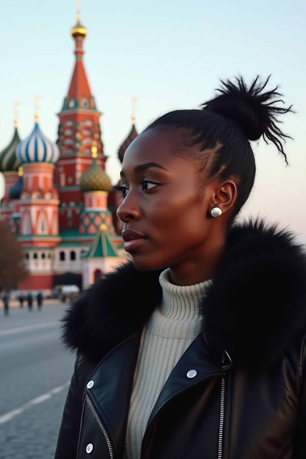 woman as digital nomad in Moscow with the Kremlin in the background