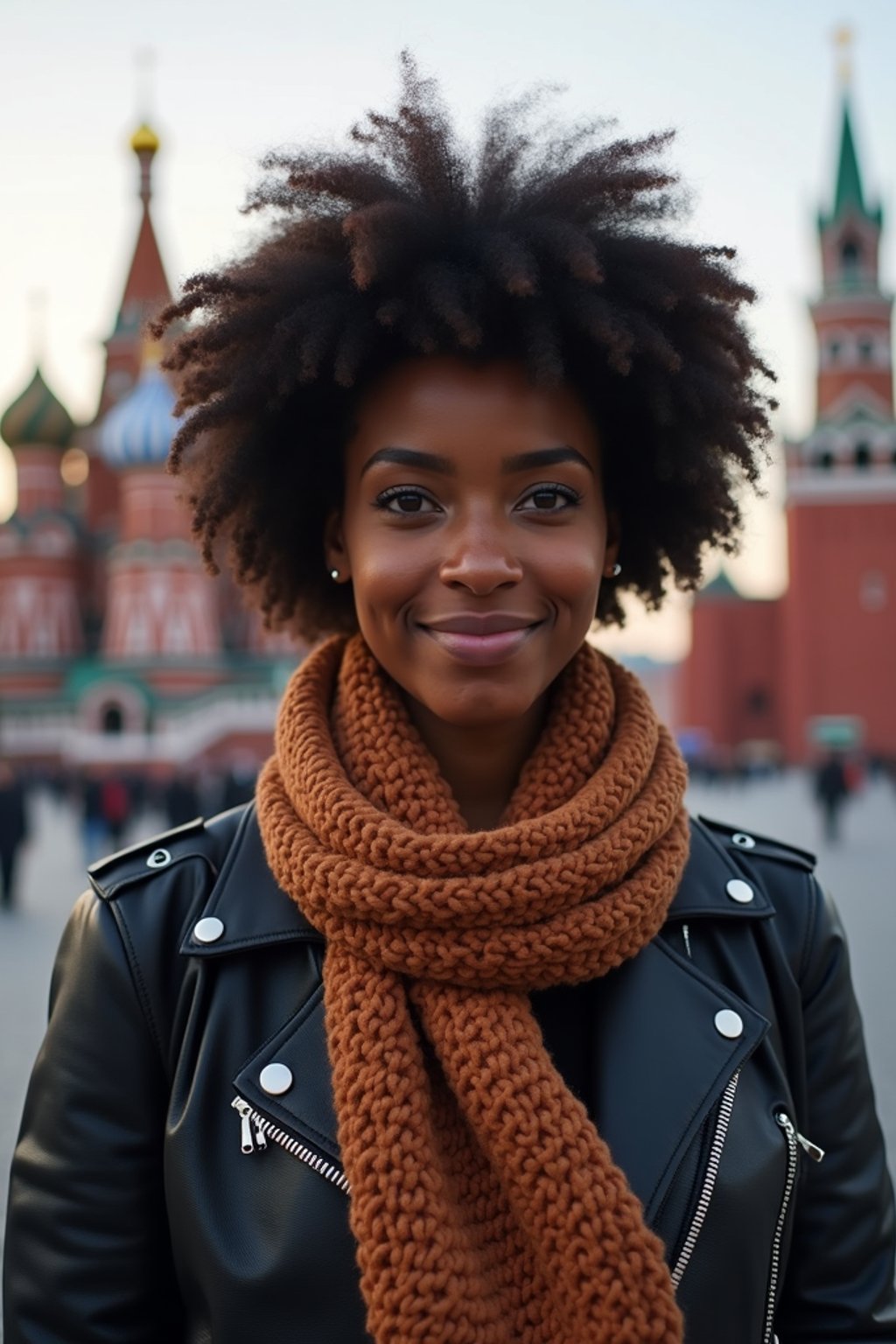 woman as digital nomad in Moscow with the Kremlin in the background