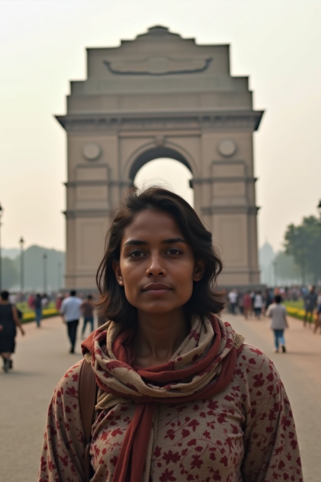 woman as digital nomad in Delhi with the India Gate in the background