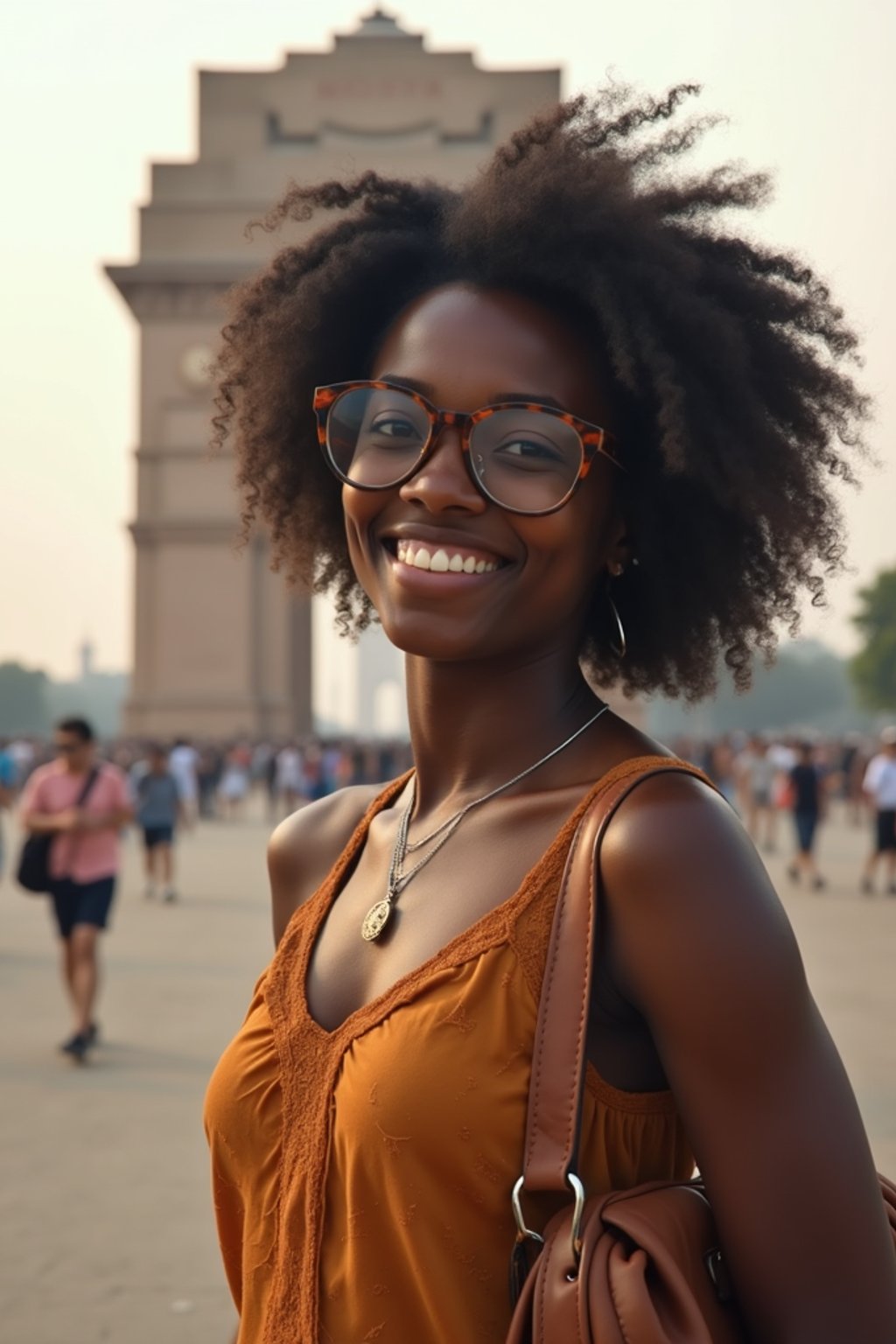 woman as digital nomad in Delhi with the India Gate in the background