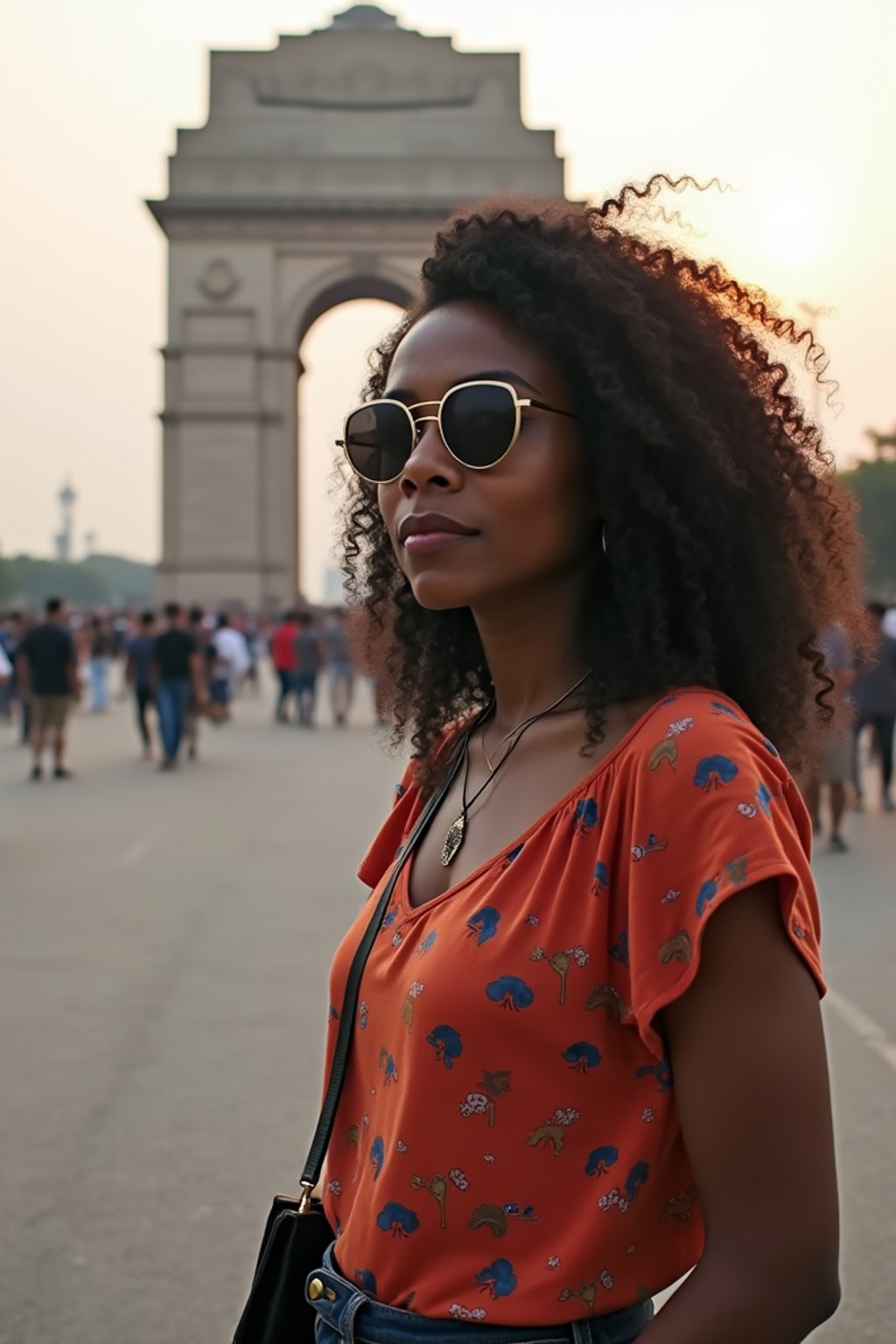 woman as digital nomad in Delhi with the India Gate in the background