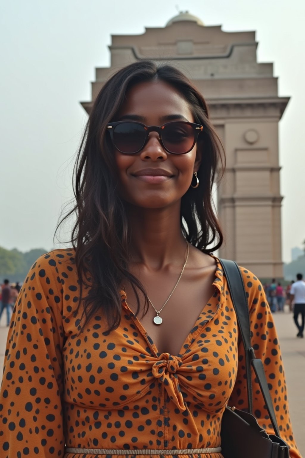 woman as digital nomad in Delhi with the India Gate in the background