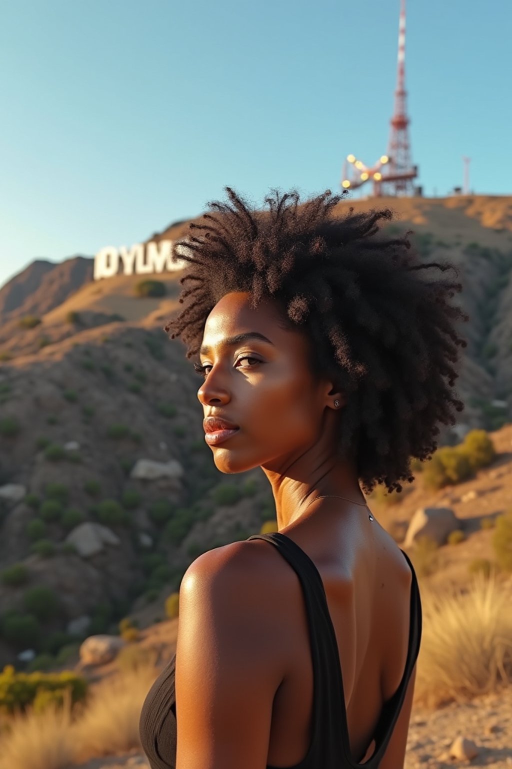 woman as digital nomad in Los Angeles with the Hollywood sign in the background