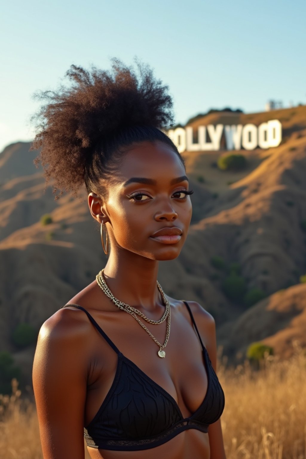 woman as digital nomad in Los Angeles with the Hollywood sign in the background