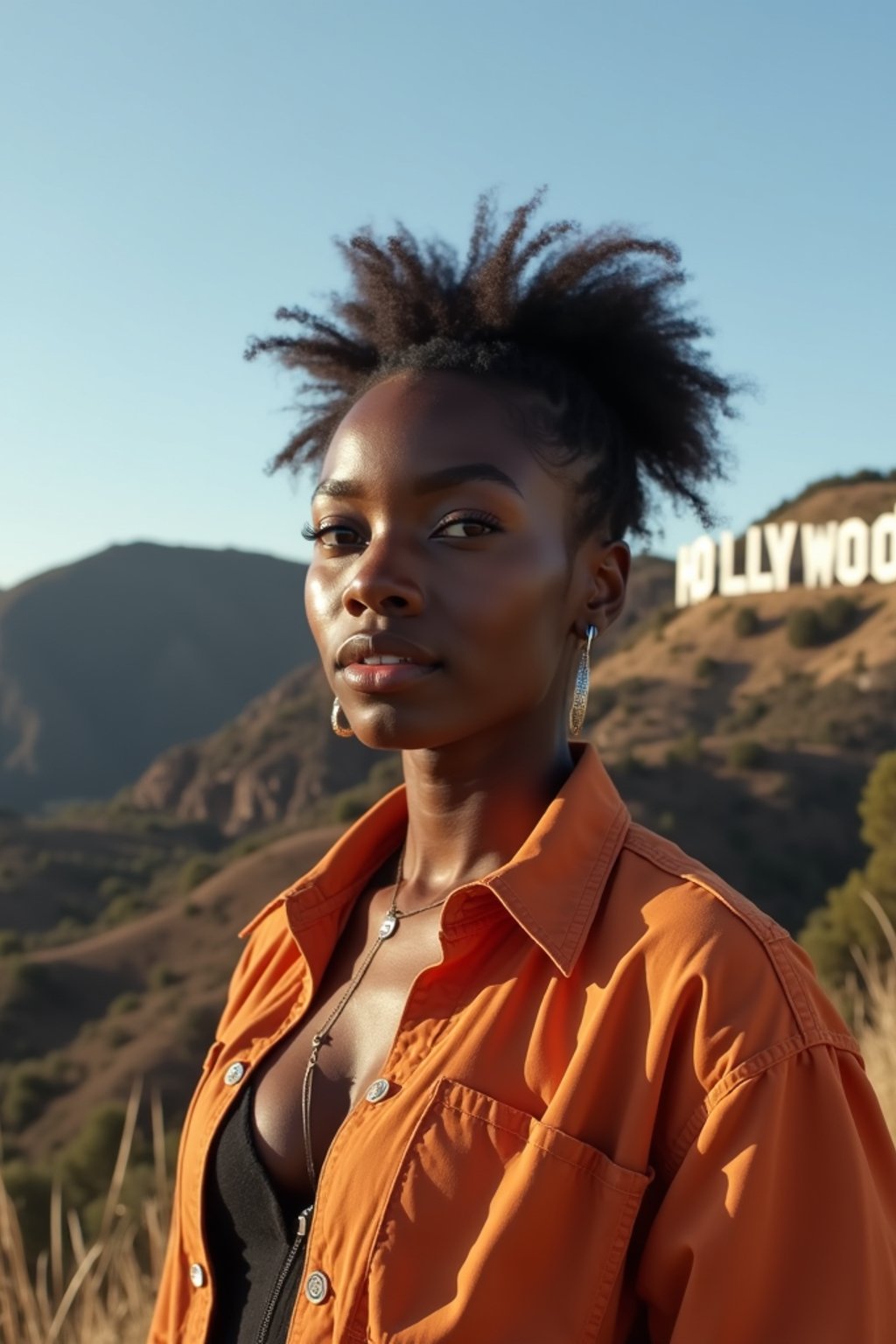 woman as digital nomad in Los Angeles with the Hollywood sign in the background