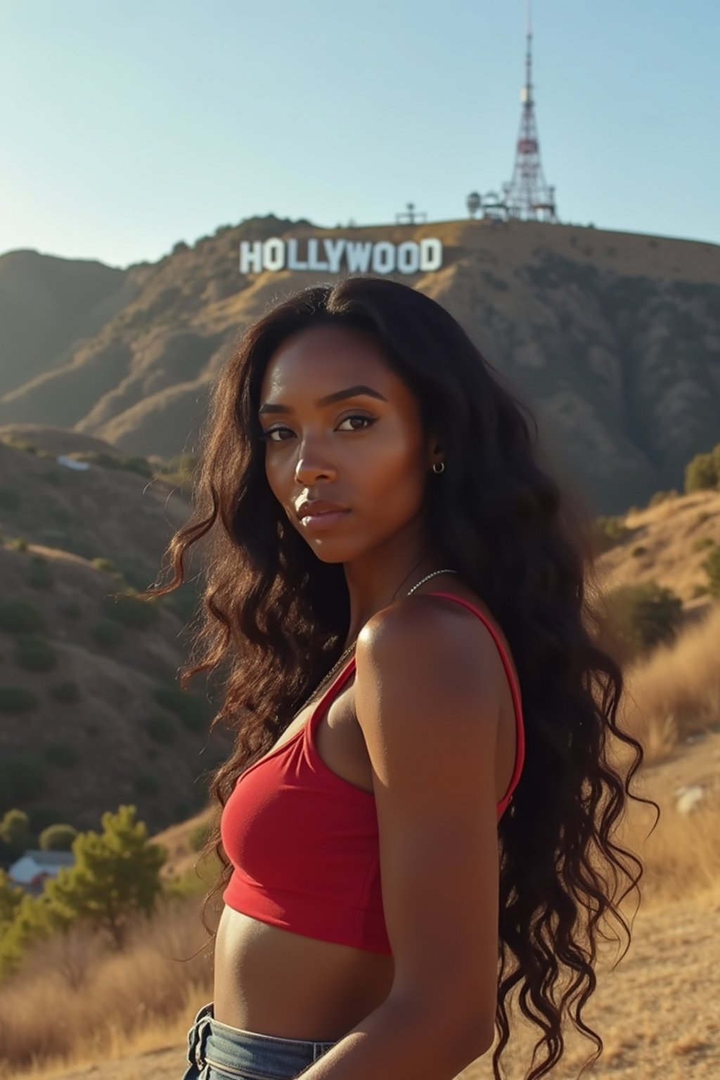 woman as digital nomad in Los Angeles with the Hollywood sign in the background