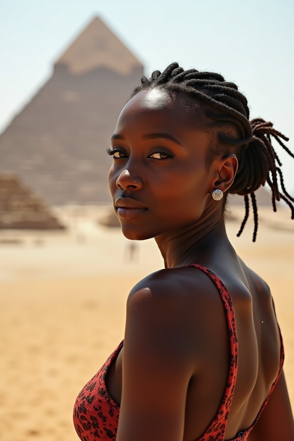 woman as digital nomad in Cairo with the Pyramids of Giza in the background