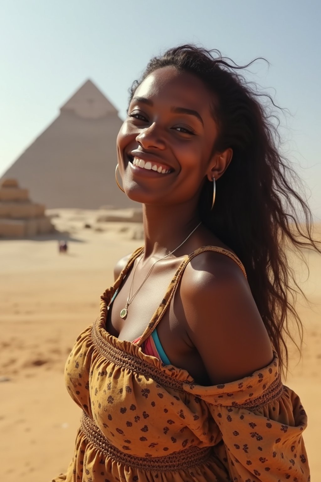 woman as digital nomad in Cairo with the Pyramids of Giza in the background