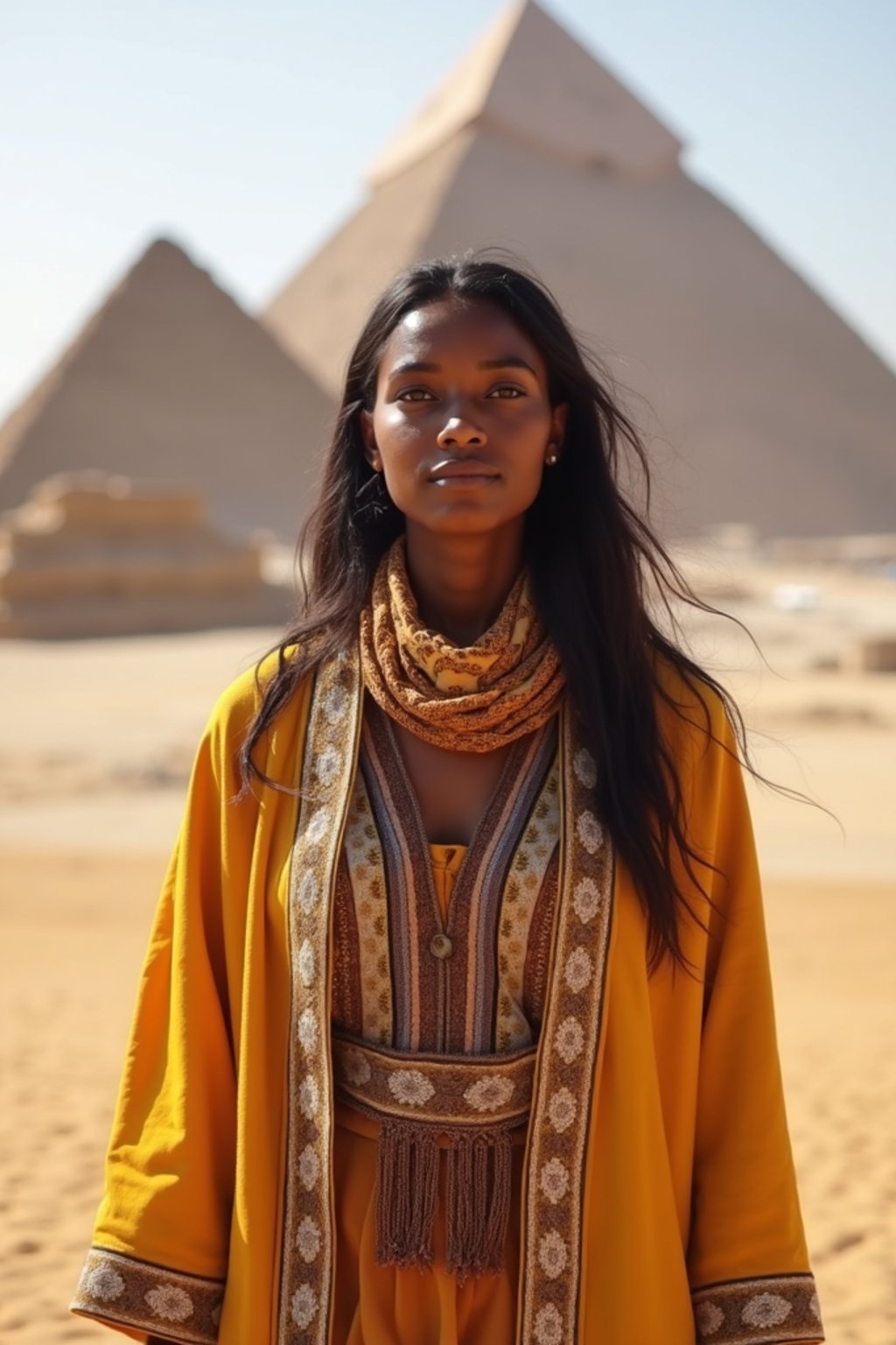 woman as digital nomad in Cairo with the Pyramids of Giza in the background