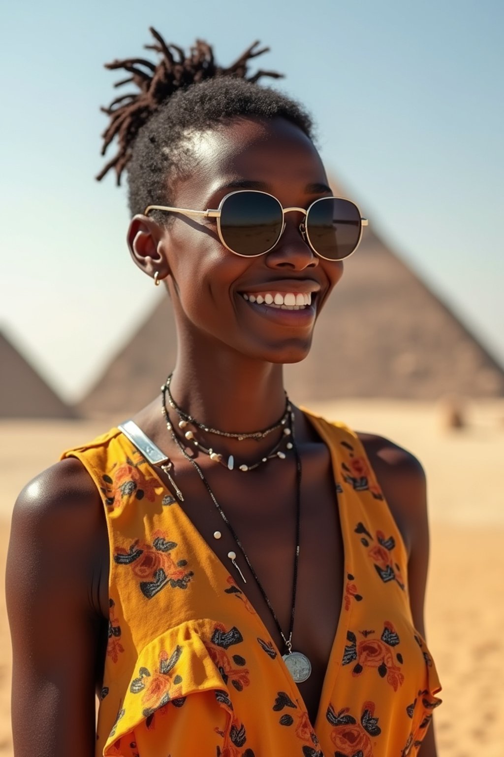 woman as digital nomad in Cairo with the Pyramids of Giza in the background