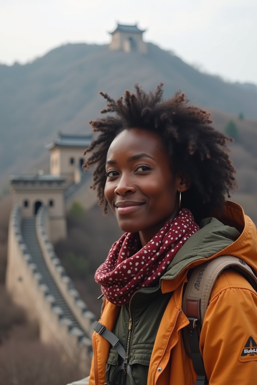 woman as digital nomad in Beijing with the Great Wall in the background