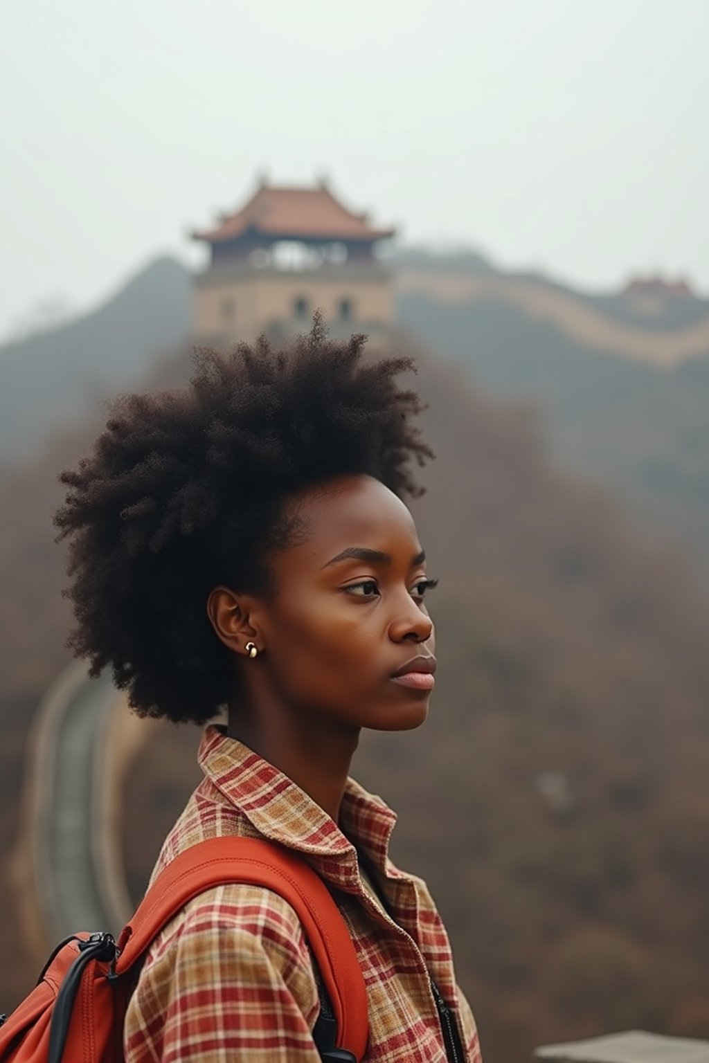 woman as digital nomad in Beijing with the Great Wall in the background