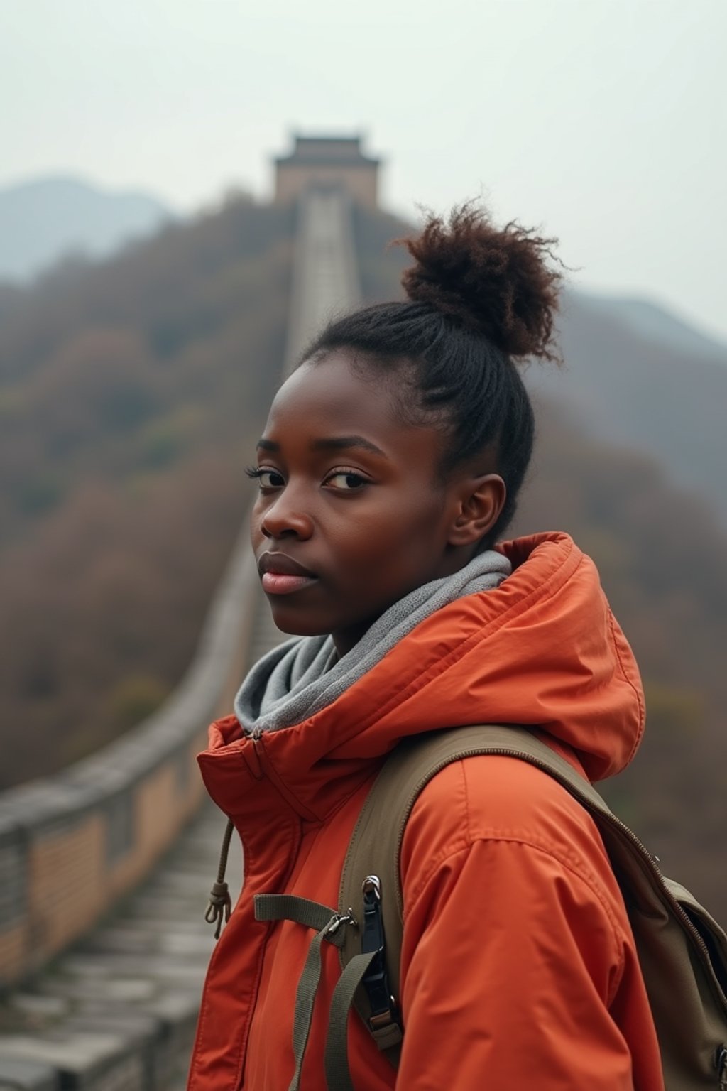 woman as digital nomad in Beijing with the Great Wall in the background