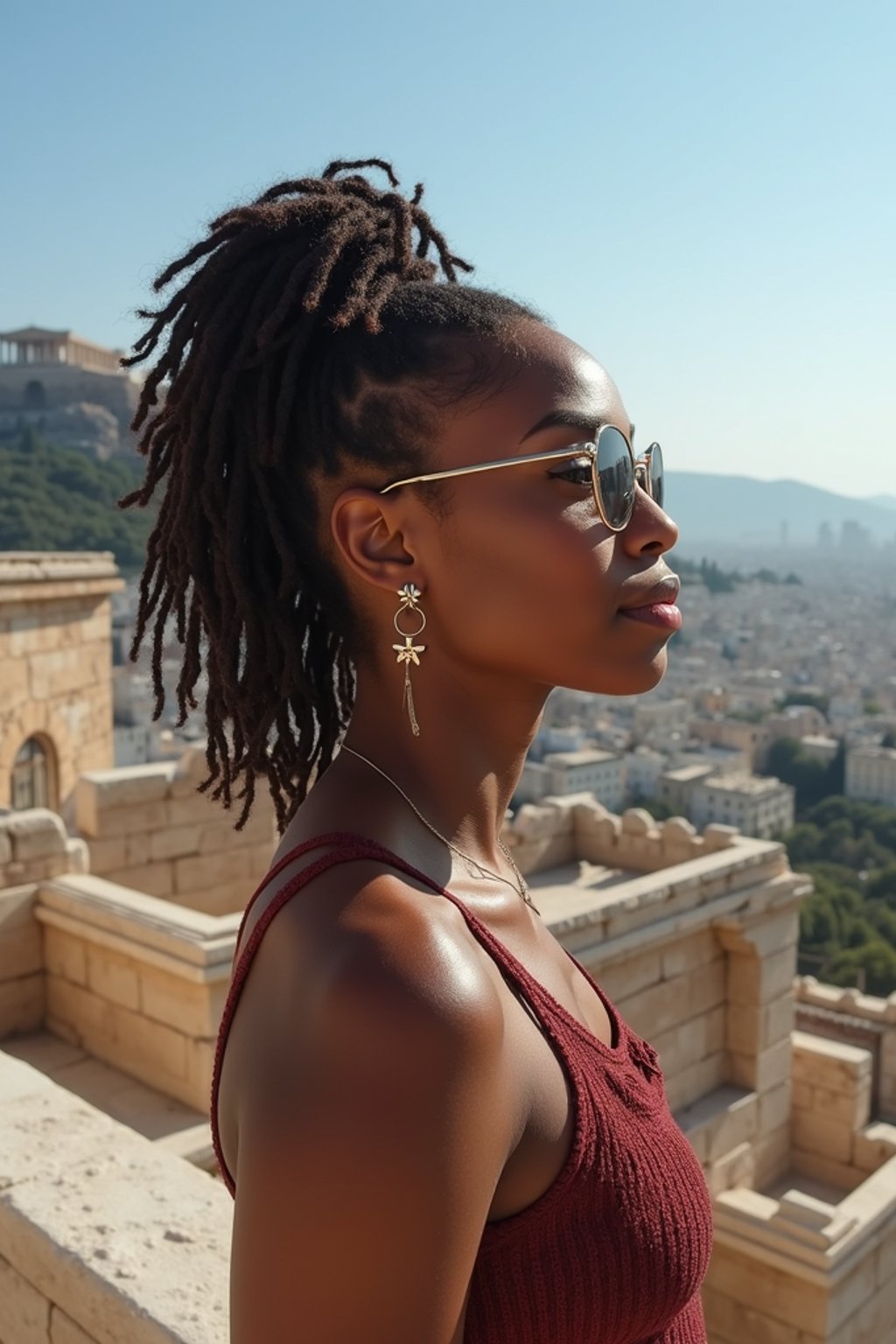 woman as digital nomad in Athens with the Acropolis in the background