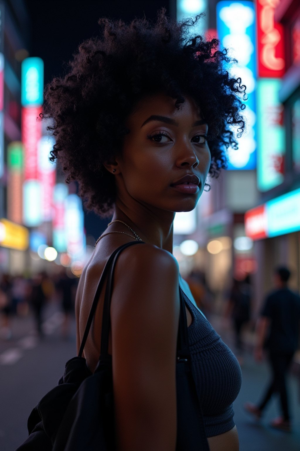 woman as digital nomad in Tokyo at night with neon lights