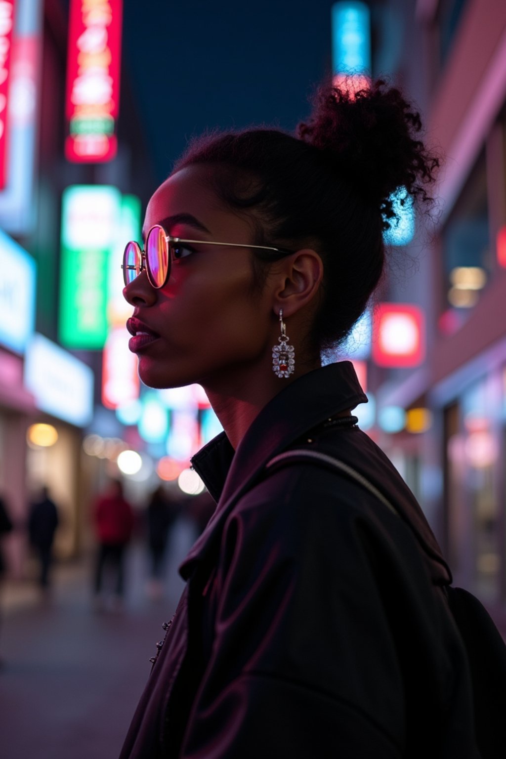 woman as digital nomad in Tokyo at night with neon lights