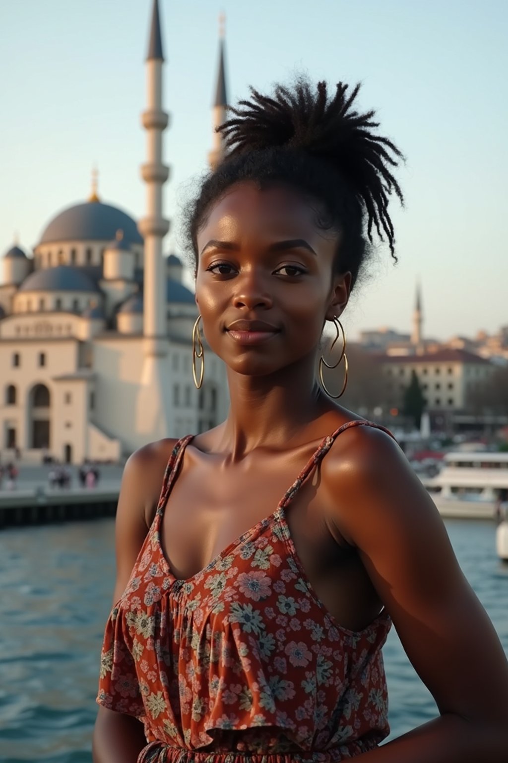 woman as digital nomad in Istanbul with The Mosque in background