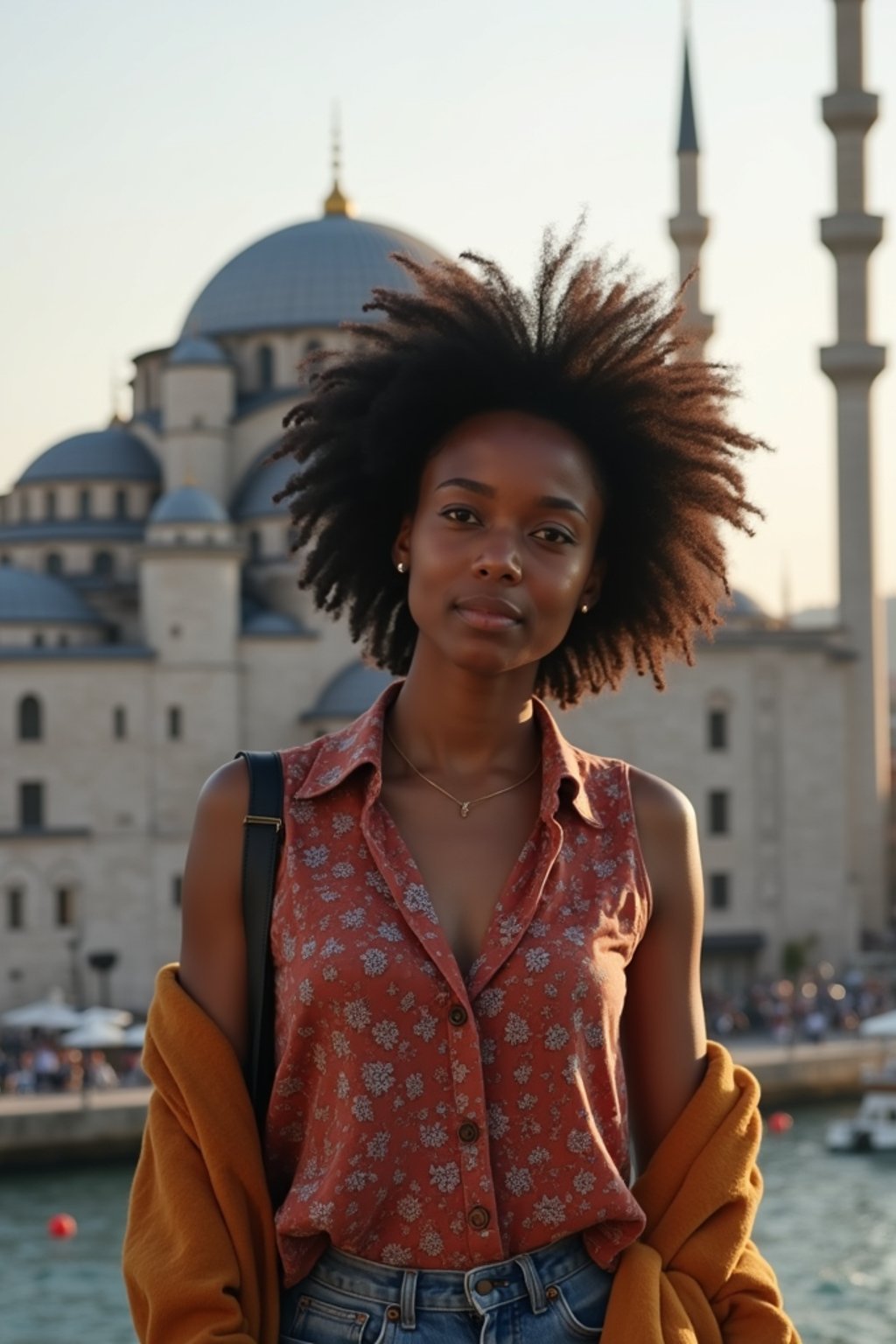 woman as digital nomad in Istanbul with The Mosque in background