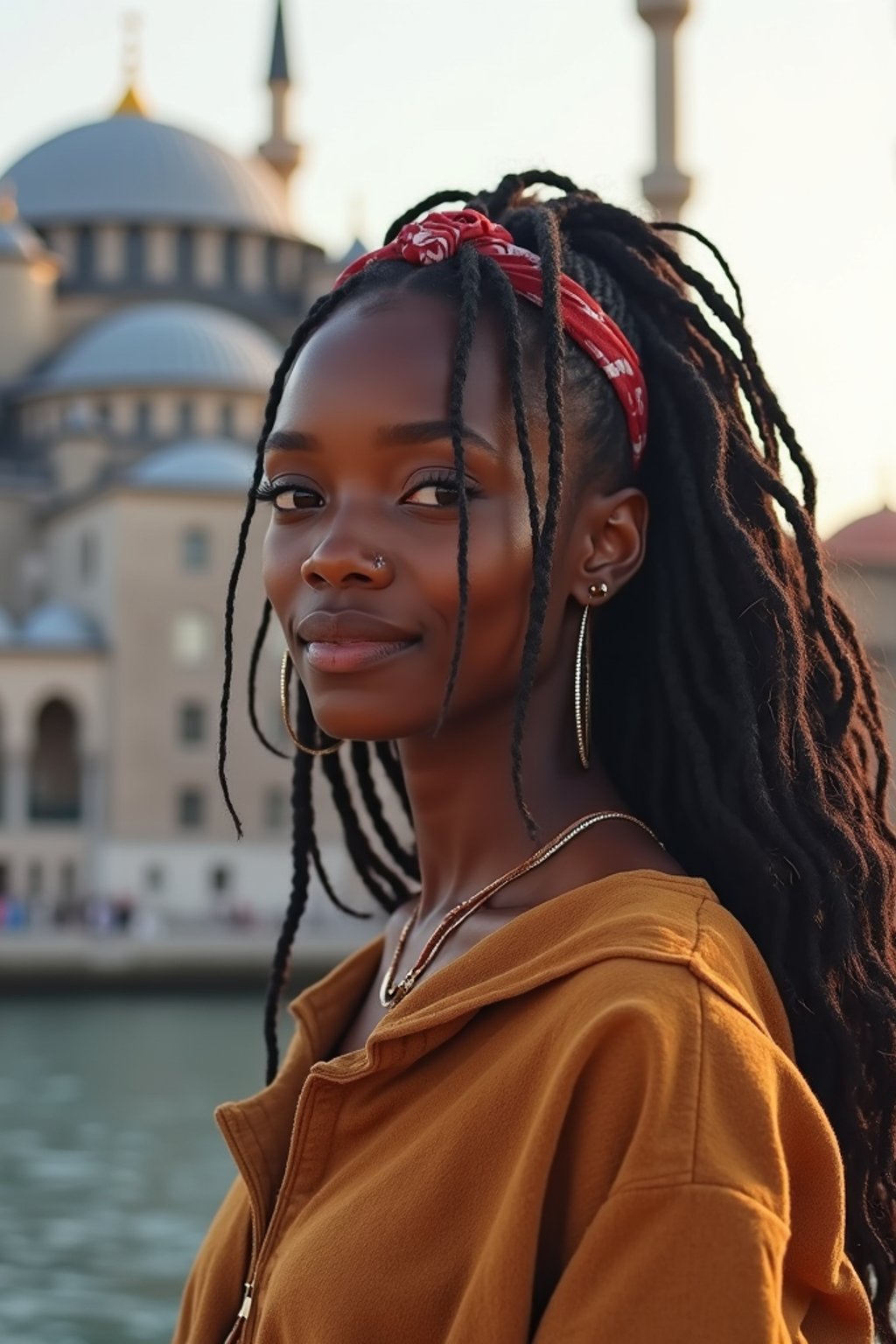 woman as digital nomad in Istanbul with The Mosque in background