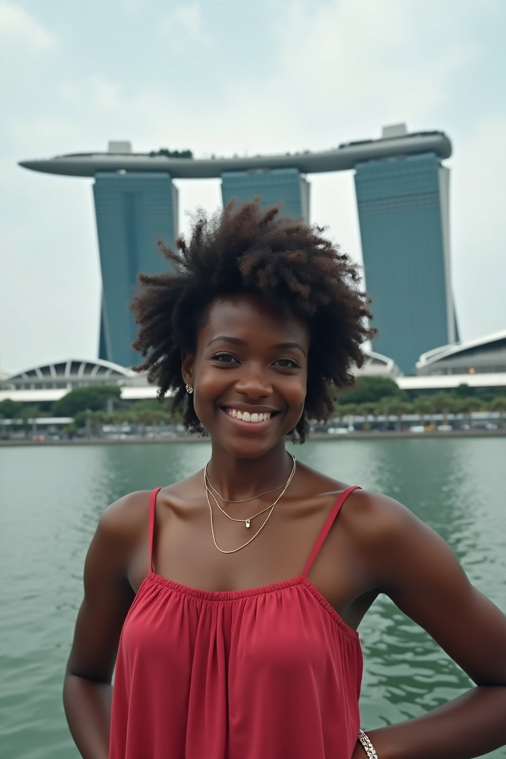 woman as digital nomad in Singapore with Marina Bay Sands in background