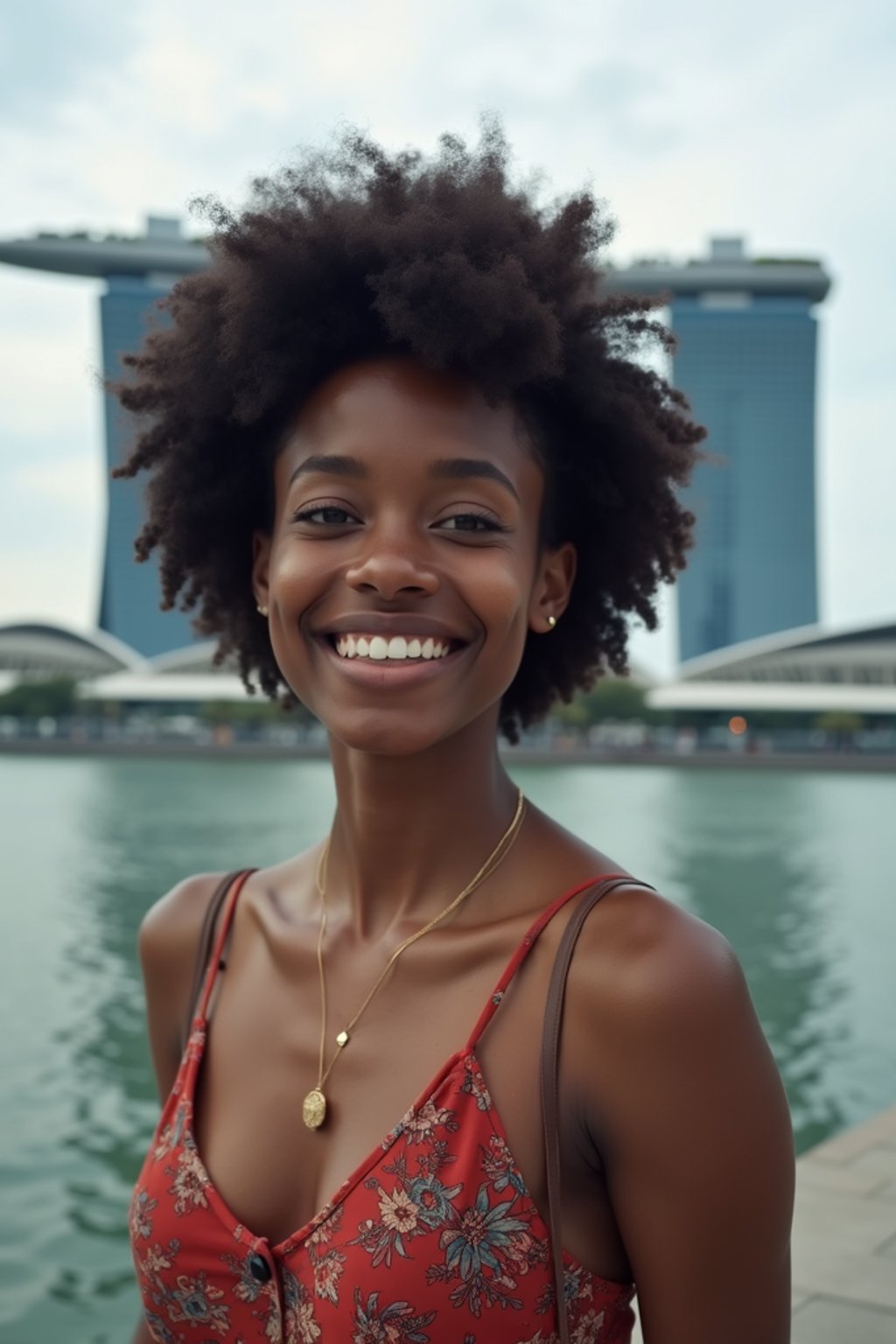 woman as digital nomad in Singapore with Marina Bay Sands in background