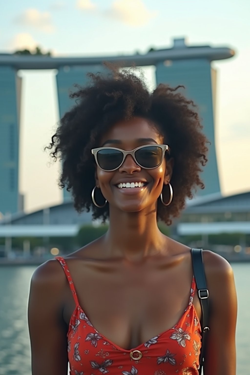 woman as digital nomad in Singapore with Marina Bay Sands in background