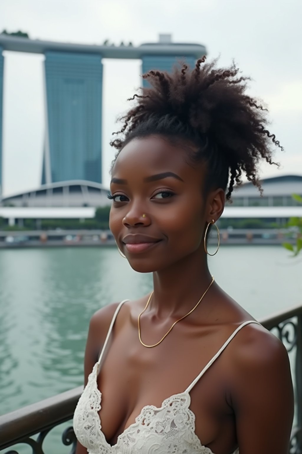 woman as digital nomad in Singapore with Marina Bay Sands in background