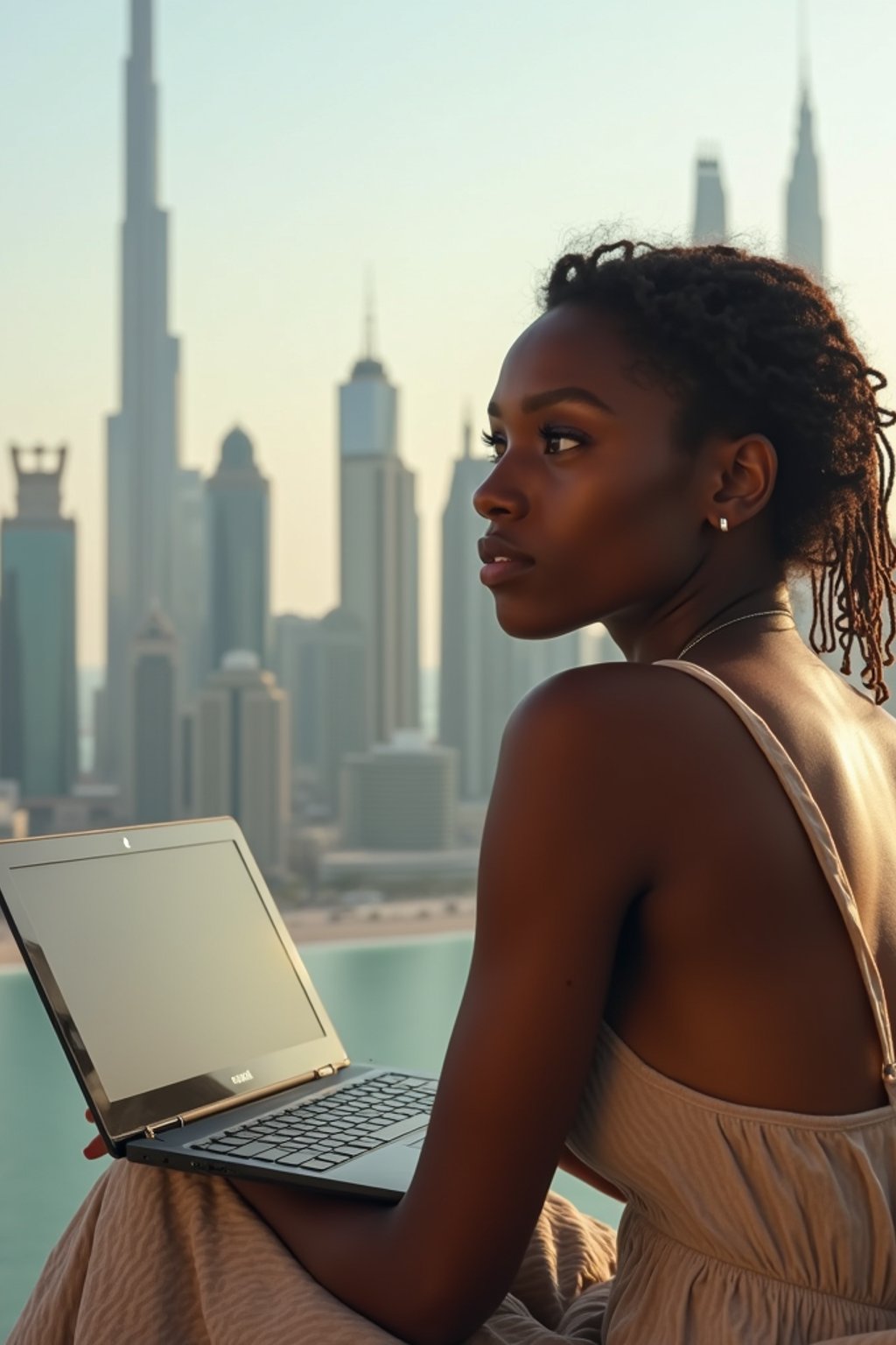 woman as digital nomad in Dubai with skyline in background