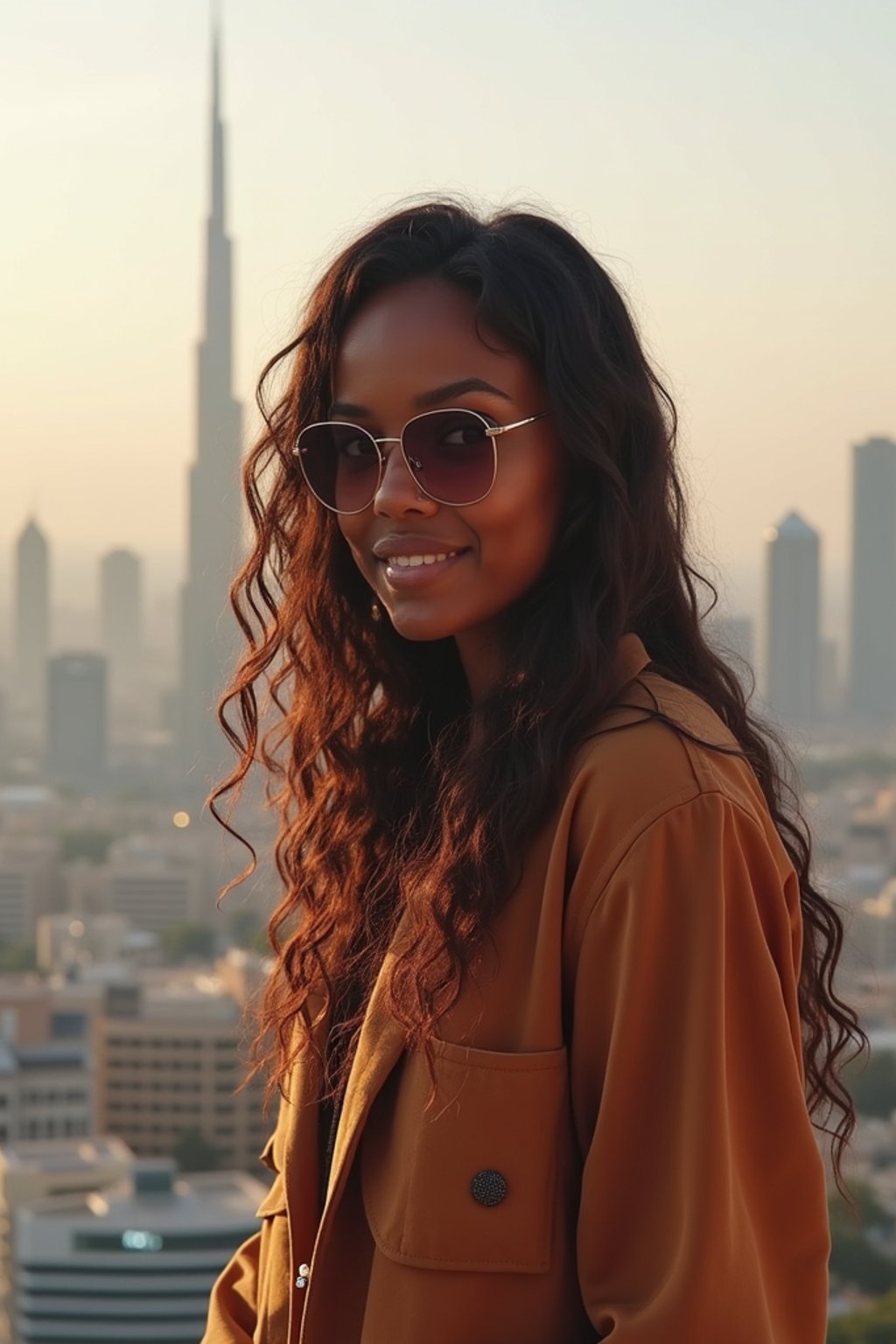 woman as digital nomad in Dubai with skyline in background