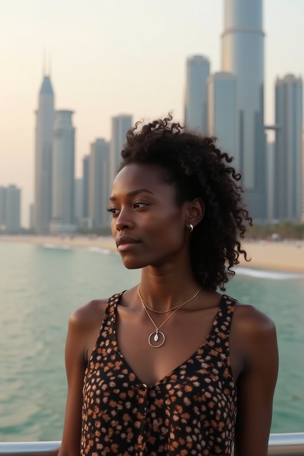 woman as digital nomad in Dubai with skyline in background