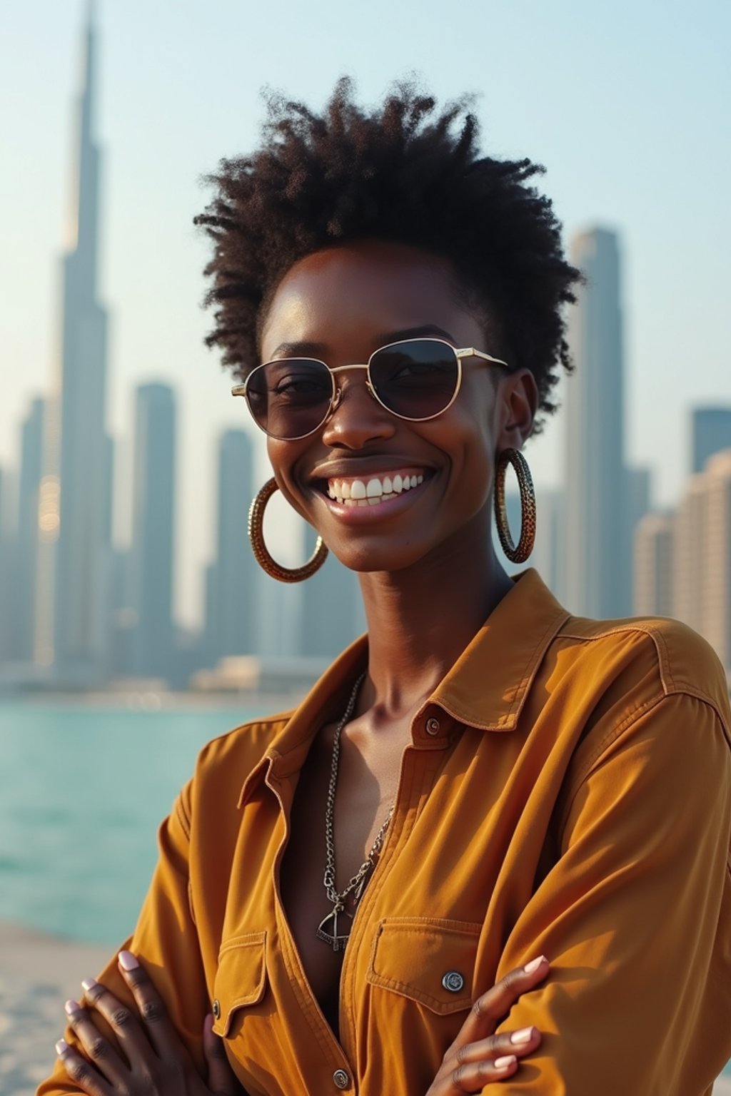 woman as digital nomad in Dubai with skyline in background