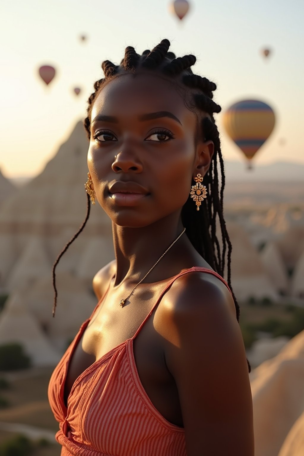 Breathtakingly woman as digital nomad with hot air balloons in the background in cappadocia, Türkiye. Cappadocia, Turkey