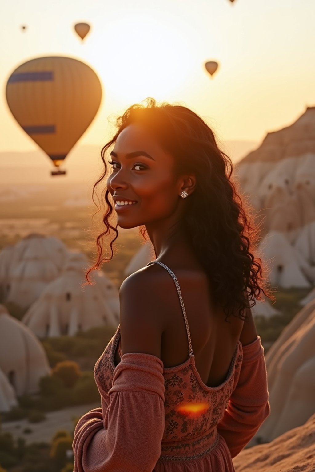 Breathtakingly woman as digital nomad with hot air balloons in the background in cappadocia, Türkiye. Cappadocia, Turkey