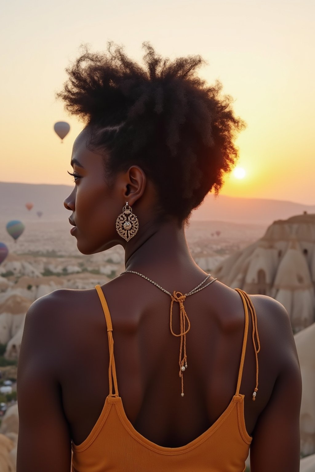 Breathtakingly woman as digital nomad with hot air balloons in the background in cappadocia, Türkiye. Cappadocia, Turkey