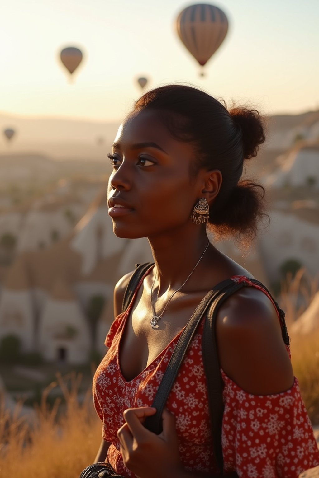 Breathtakingly woman as digital nomad with hot air balloons in the background in cappadocia, Türkiye. Cappadocia, Turkey