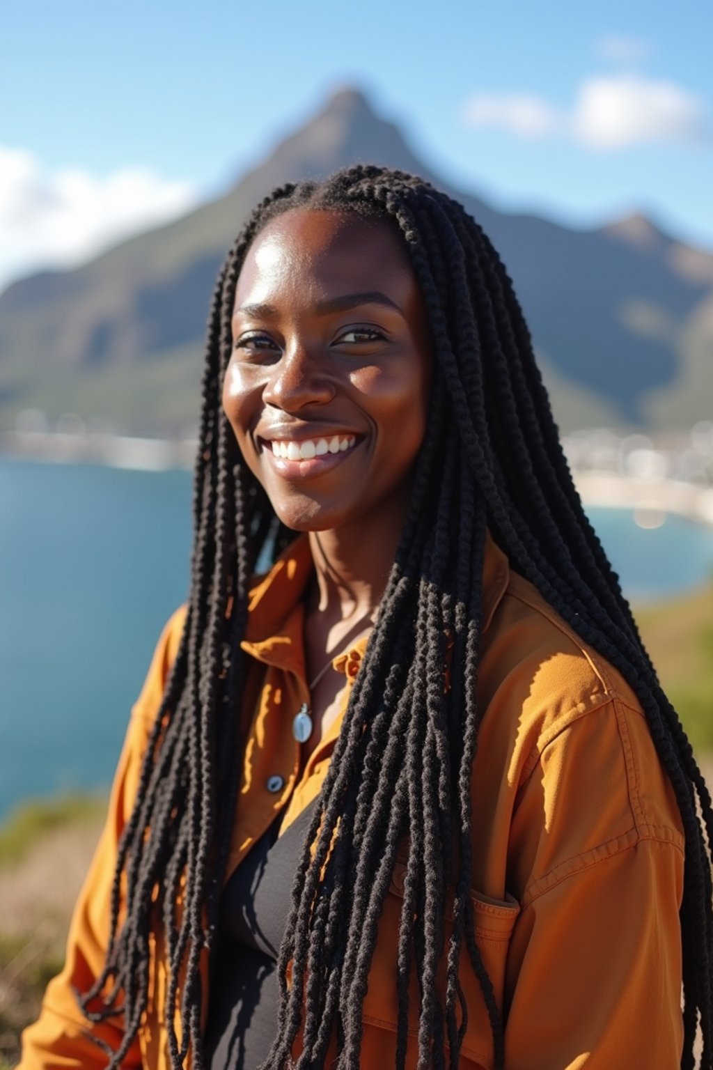 woman as digital nomad in Cape Town with the Table Mountain in the background