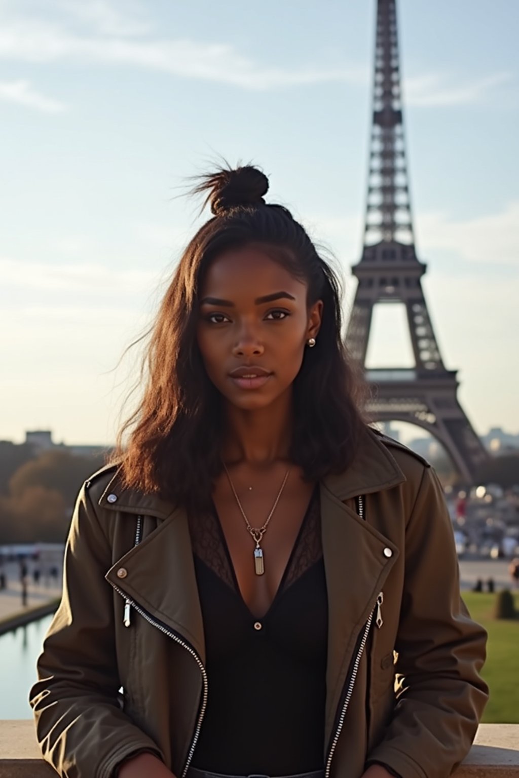 woman as digital nomad in Paris with the Eiffel Tower in background