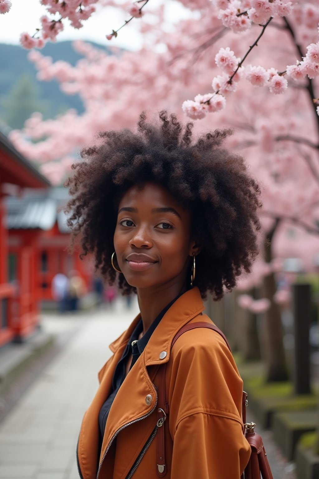 woman as digital nomad in Japan with Japanese Cherry Blossom Trees and Japanese temples in background