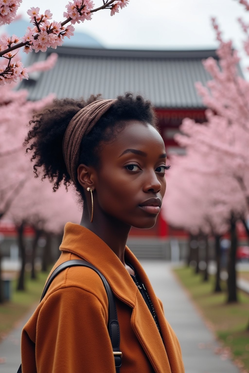 woman as digital nomad in Japan with Japanese Cherry Blossom Trees and Japanese temples in background