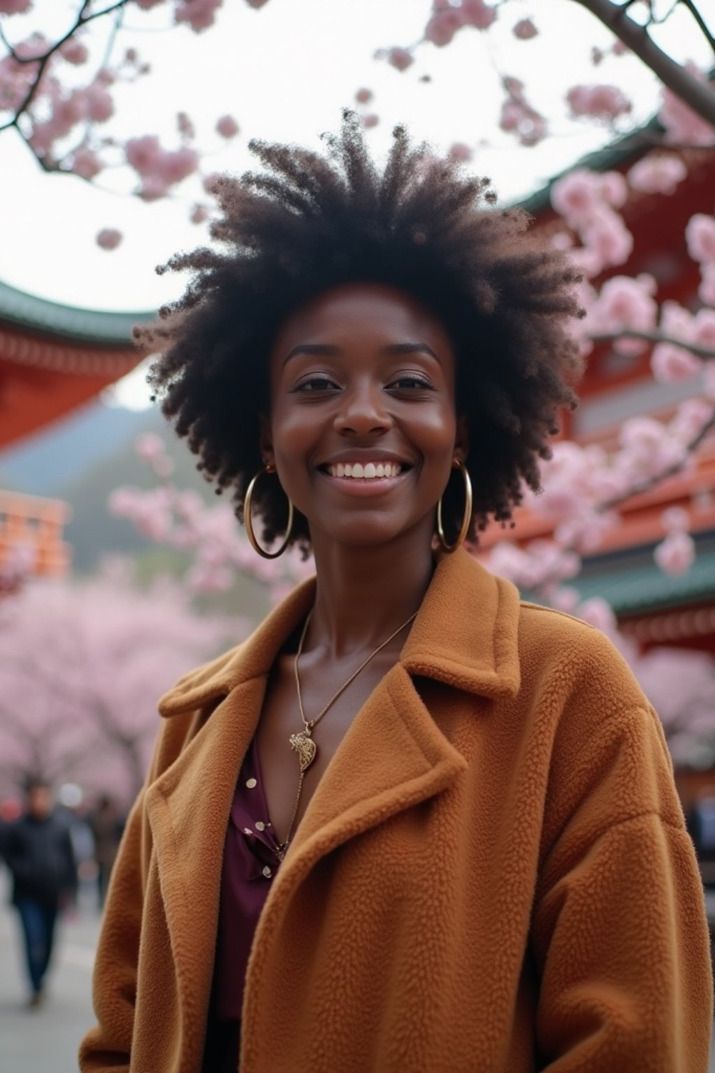 woman as digital nomad in Japan with Japanese Cherry Blossom Trees and Japanese temples in background