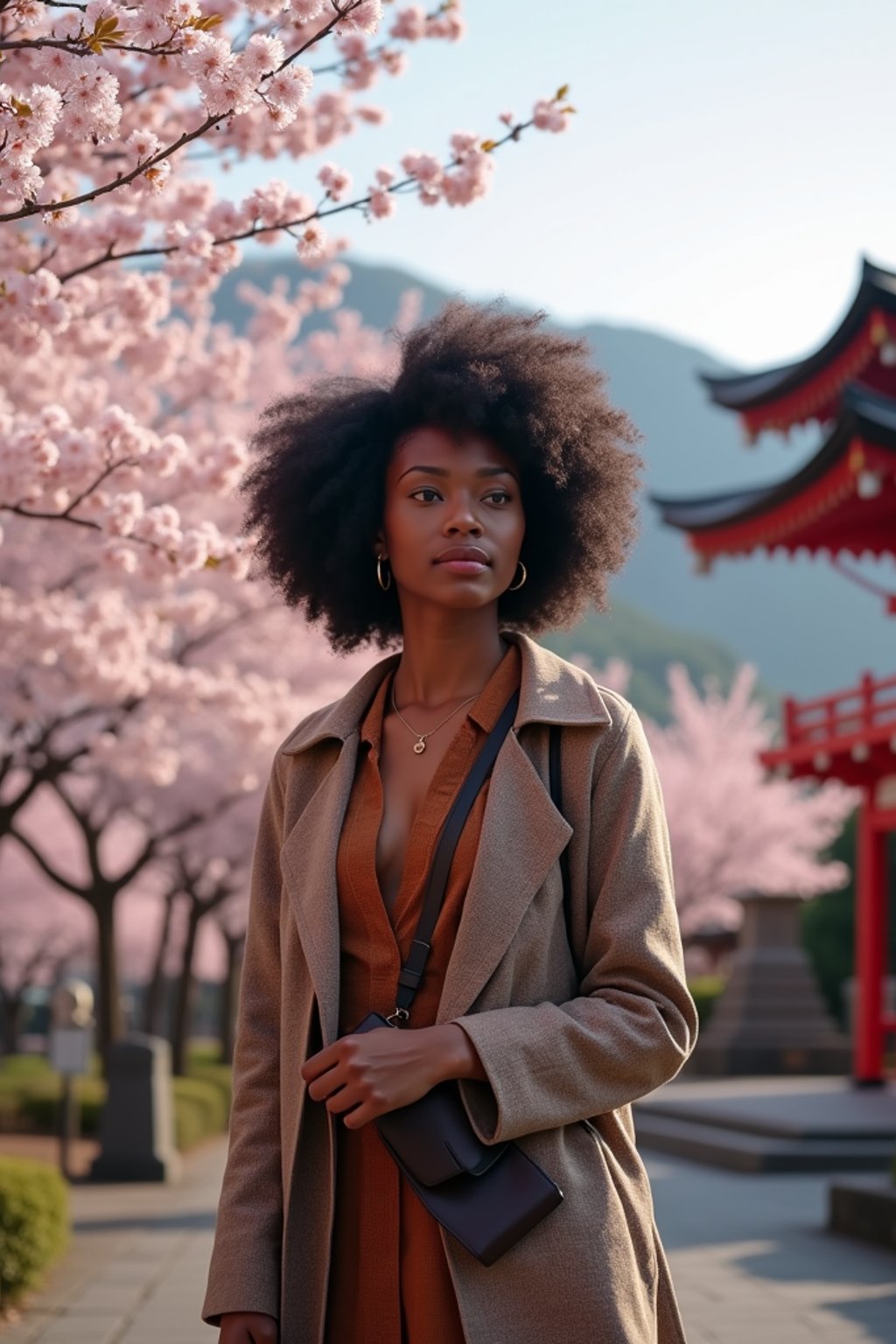 woman as digital nomad in Japan with Japanese Cherry Blossom Trees and Japanese temples in background