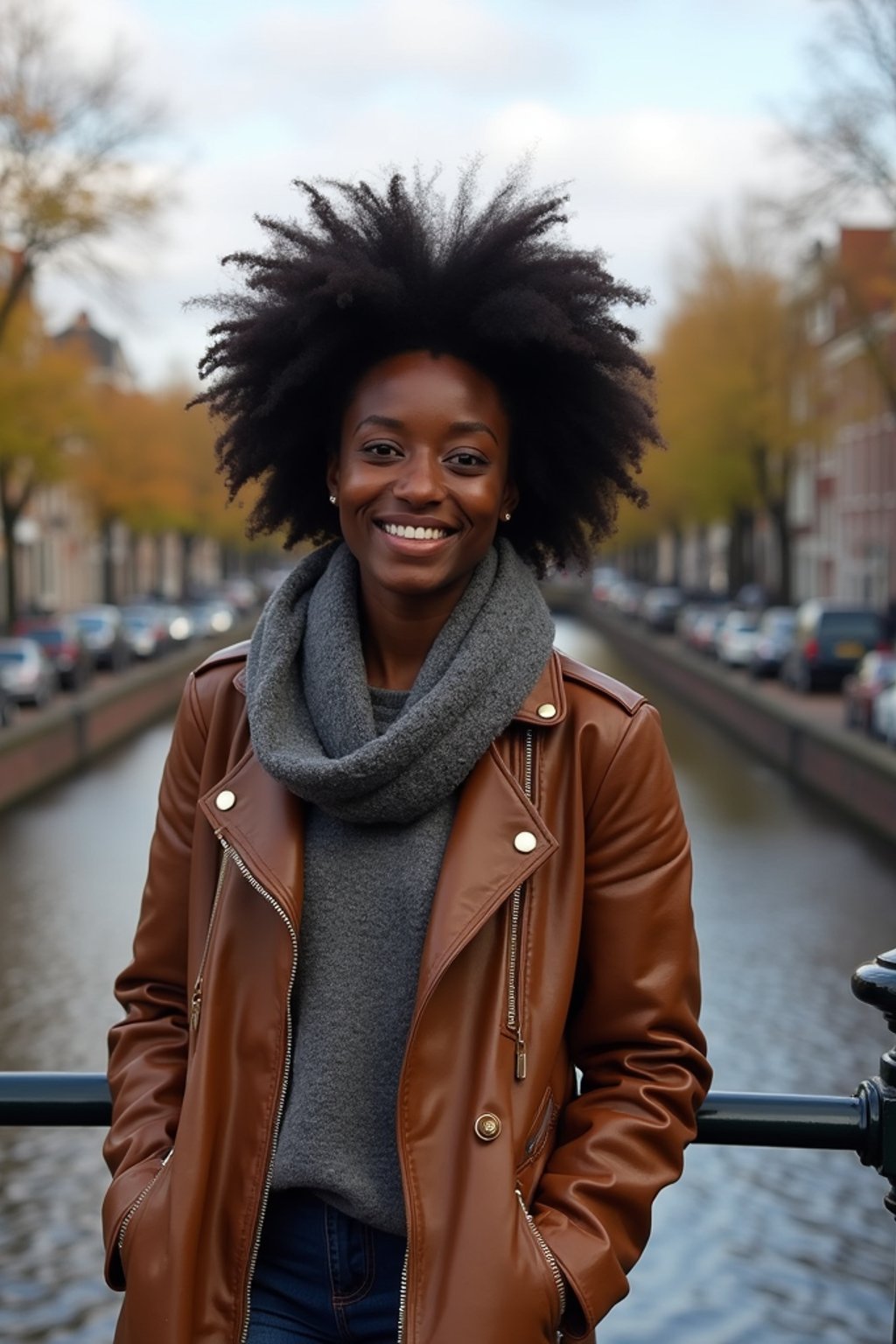 woman as digital nomad in Amsterdam with the Amsterdam Canals in background