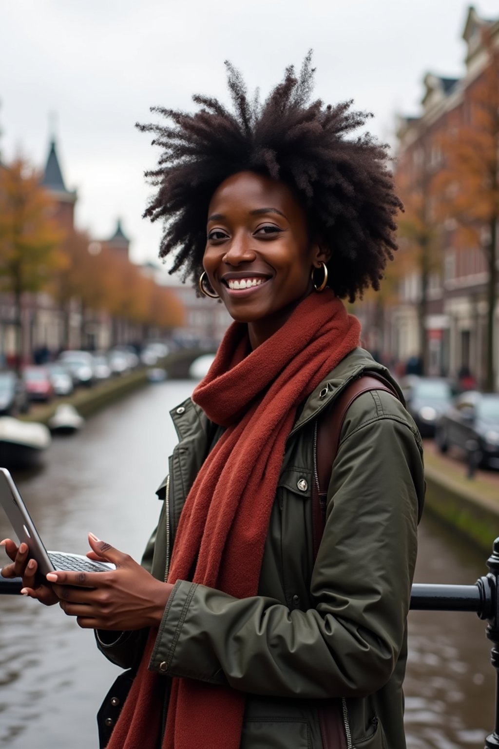 woman as digital nomad in Amsterdam with the Amsterdam Canals in background