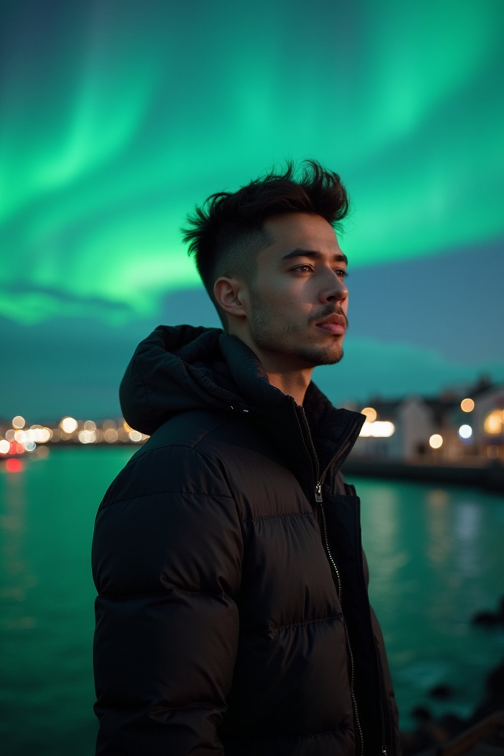 man as digital nomad in Reykjavik with the Northern Lights in the background