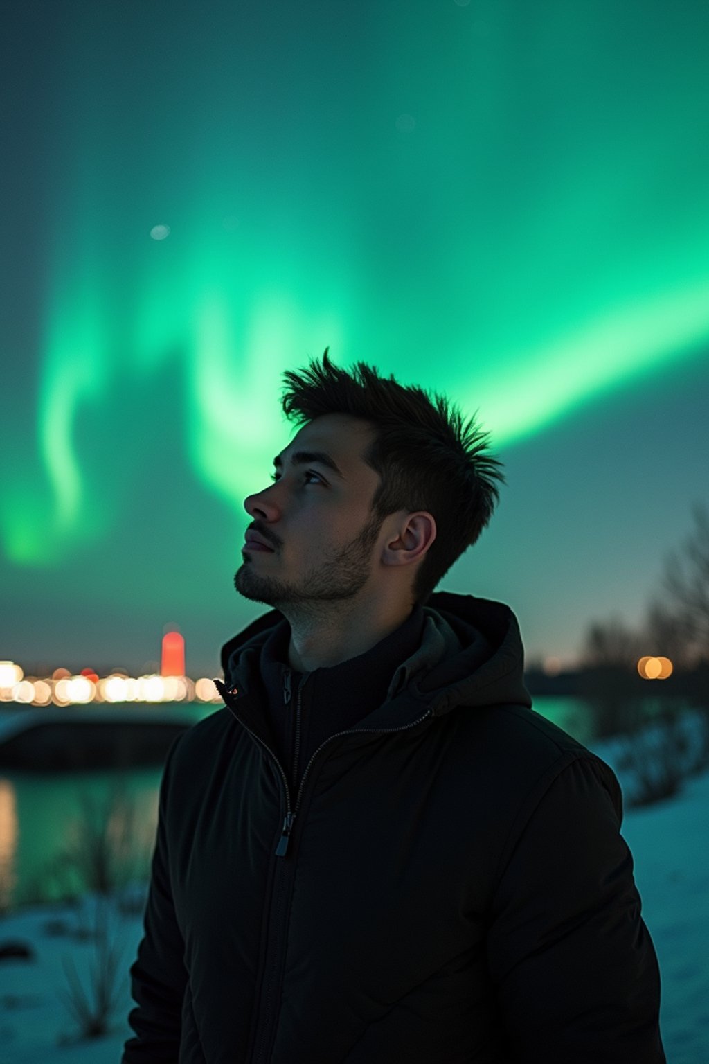 man as digital nomad in Reykjavik with the Northern Lights in the background