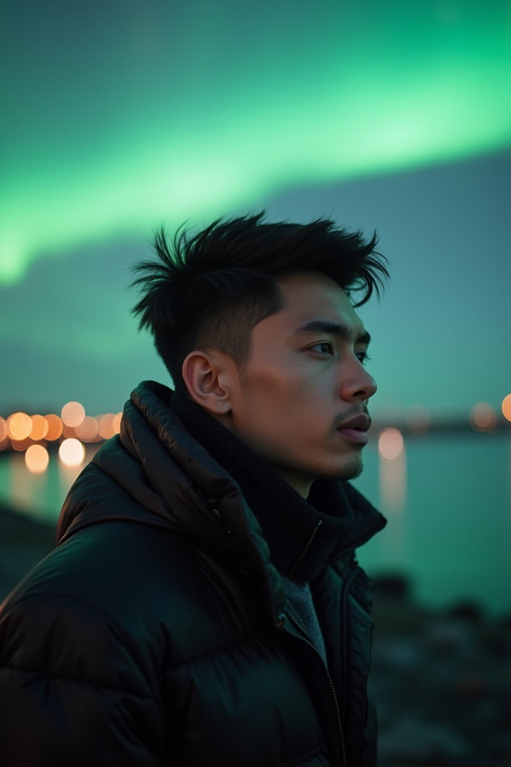 man as digital nomad in Reykjavik with the Northern Lights in the background