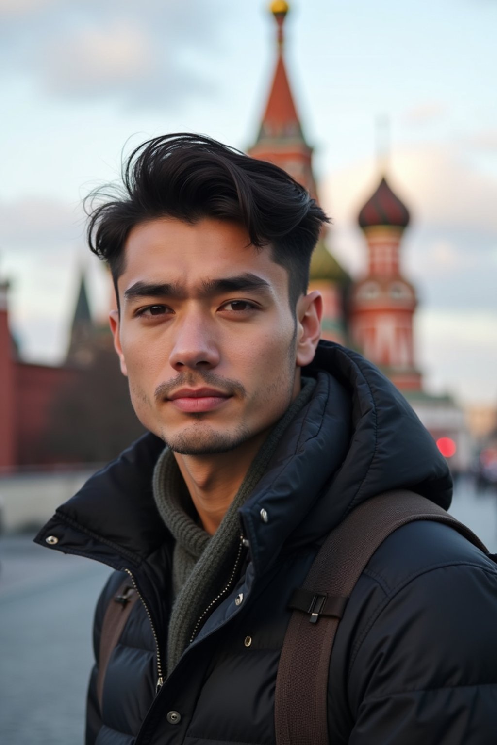 man as digital nomad in Moscow with the Kremlin in the background