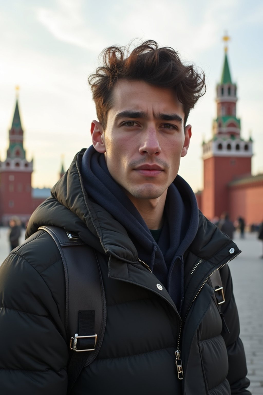 man as digital nomad in Moscow with the Kremlin in the background