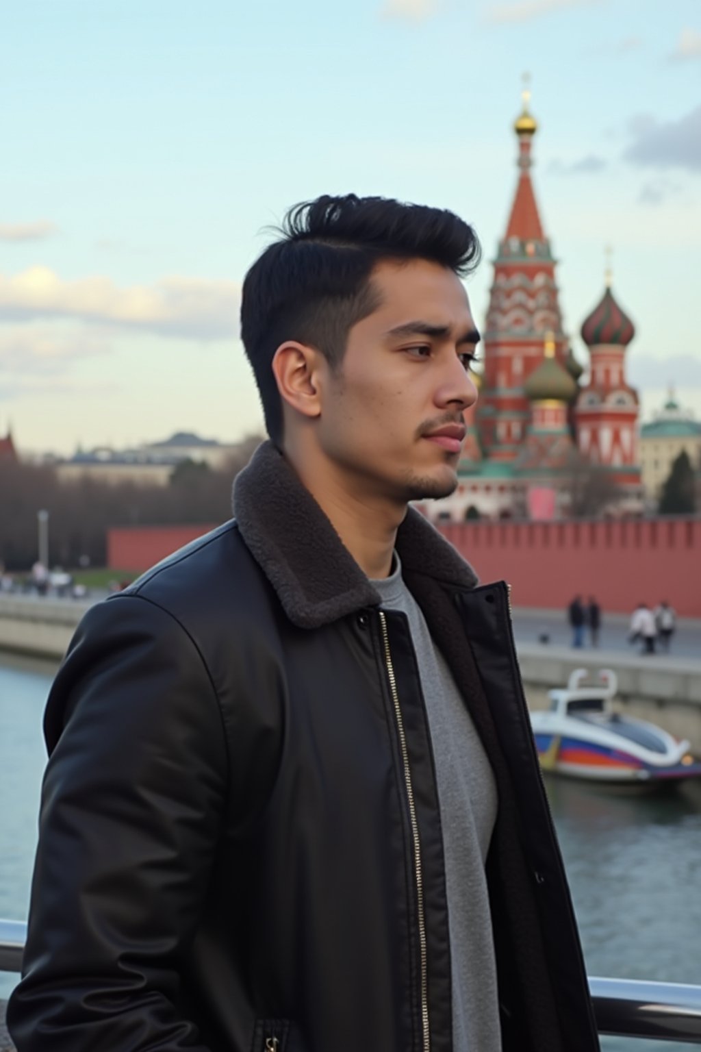 man as digital nomad in Moscow with the Kremlin in the background